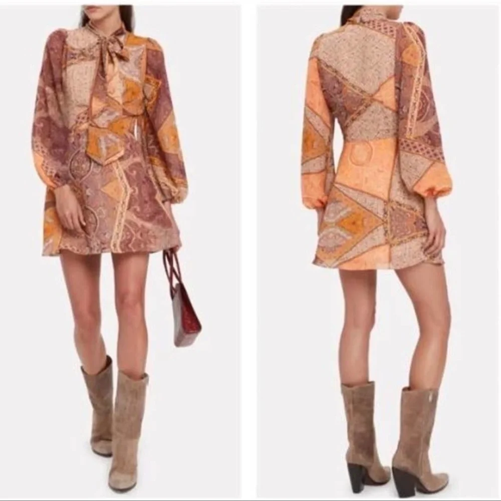 Divine Heritage Orchid Paisley Neck Tie Mini Dress SMALL Patchwork Boho Bin 4 - Picture 2 of 13